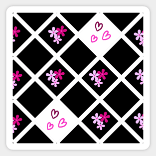 Pink and Black Floral Heart Checkered Pattern Sticker